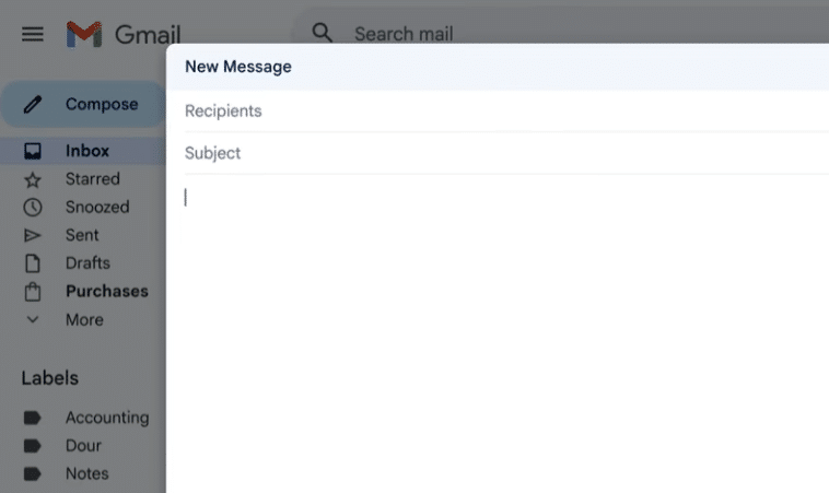 Gmail with a new compose window open; the To, Subject, and Message fields are empty.