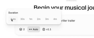 Nærbillede af ElevenMusic-grænsefladen, hvor brugeren vælger længde på et AI-genereret musikstykke med muligheder som Auto, 30 sekunder, 1 minut, 2 minutter, 3 minutter og 4 minutter.