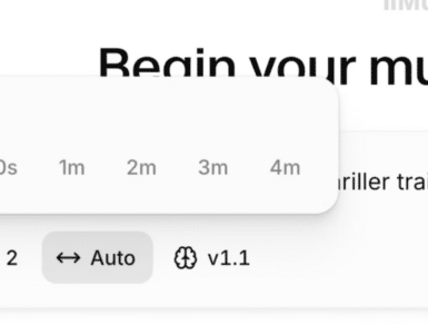 Nærbillede af ElevenMusic-grænsefladen, hvor brugeren vælger længde på et AI-genereret musikstykke med muligheder som Auto, 30 sekunder, 1 minut, 2 minutter, 3 minutter og 4 minutter.