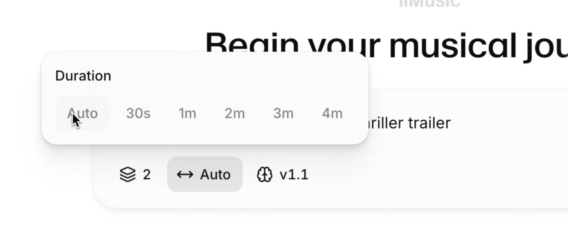 Nahaufnahme der ElevenMusic-Oberfläche, in der der Nutzer die Länge eines KI-generierten Musikstücks wählt, mit Optionen wie Auto, 30 Sekunden, 1 Minute, 2 Minuten, 3 Minuten und 4 Minuten.