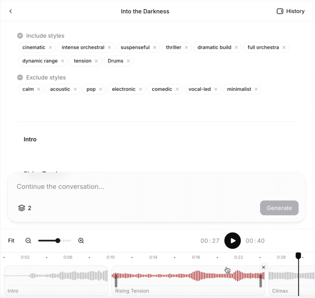 ElevenMusic editing AI-generated orchestral music with styles like cinematic, suspenseful, and thriller selected, and a timeline showing the sections Intro, Rising Tension, and Climax.