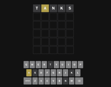 Wordle i mørk visning med startordet “TANKS”, hvor bogstavet A er gult, mens de øvrige bogstaver er markeret som forkerte.
