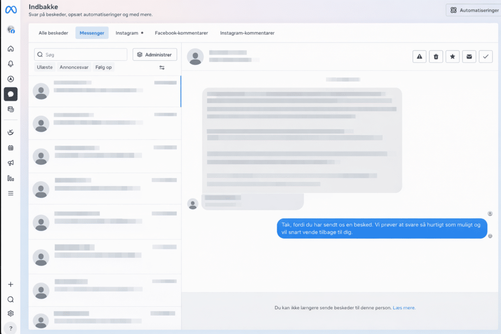 Verschwommener Screenshot des Meta Business-Posteingangs, in dem Namen, Nachrichten und andere personenbezogene Daten anonymisiert sind.