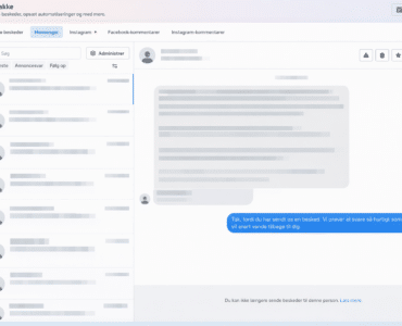 Sløret screenshot af Meta Business-indbakken, hvor navne, beskeder og andre personlige oplysninger er anonymiseret.