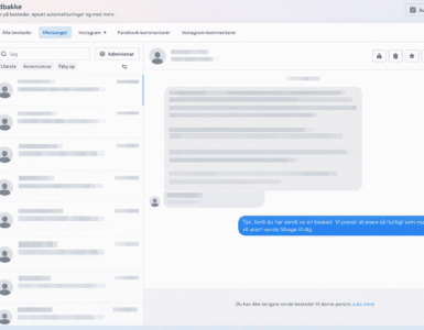 Sløret screenshot af Meta Business-indbakken, hvor navne, beskeder og andre personlige oplysninger er anonymiseret.