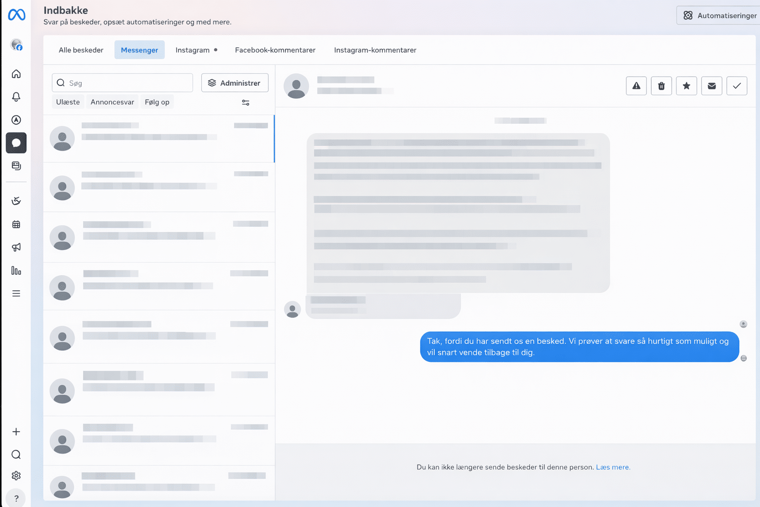 Blurred screenshot of the Meta Business inbox, where names, messages, and other personal information are anonymized.