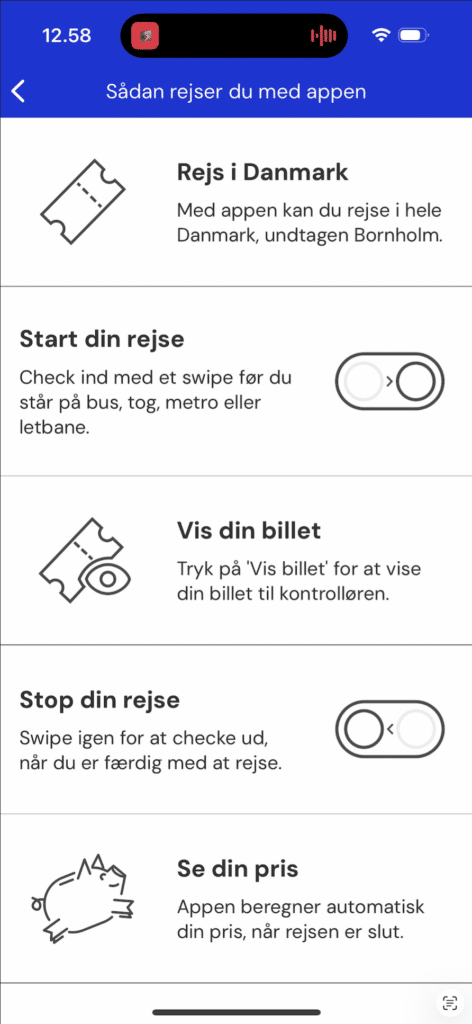 Rejsekort app viser en enkel trin-for-trin-guide til, hvordan man rejser med appen i Danmark med check ind, billetvisning, check ud og automatisk prisberegning.