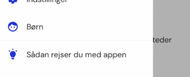 Rejsekort app viser sidemenuen med punkter som rejsehistorik, rabatter, betaling, indstillinger, børn, hjælp og kontakt.