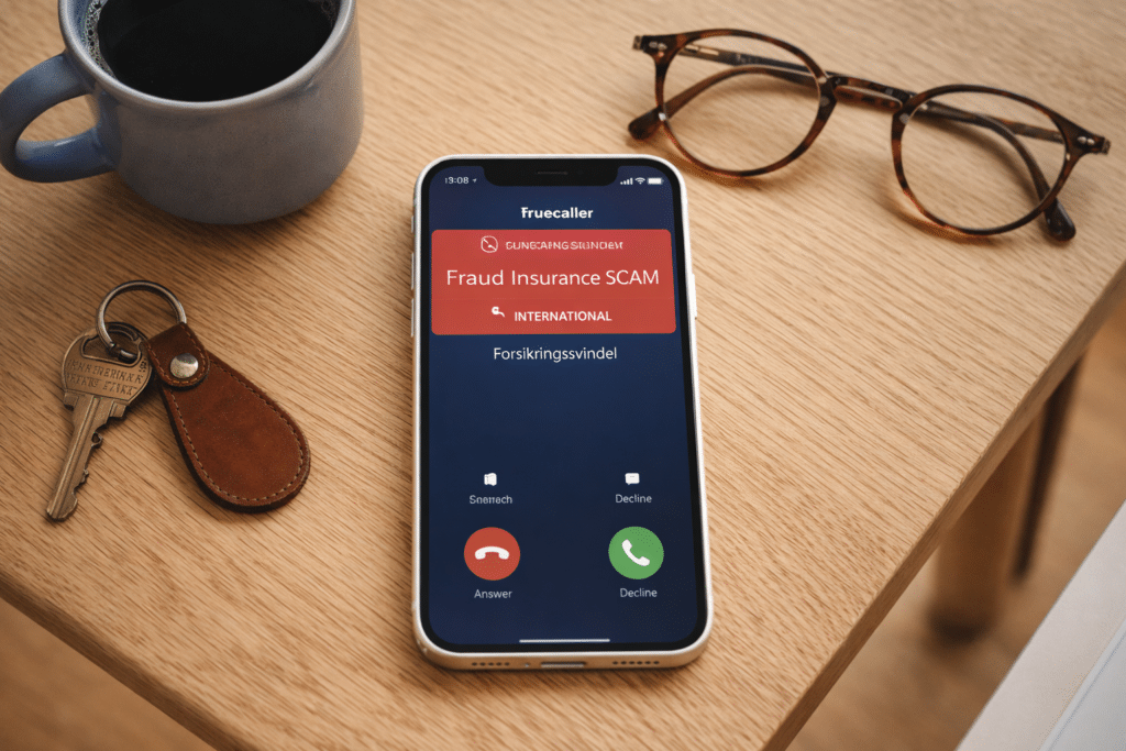 iPhone med Truecaller-varsel om internasjonalt anrop og mulig forsikringssvindel på lyst trebord i Børge Mogensen-stil
