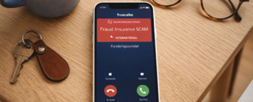 iPhone med Truecaller-advarsel om internationalt opkald og mulig forsikringssvindel på lyst træbord i Børge Mogensen-stil