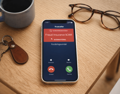 iPhone med Truecaller-advarsel om internationalt opkald og mulig forsikringssvindel på lyst træbord i Børge Mogensen-stil