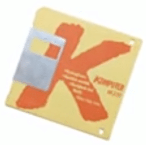 Gammelt Komputer for Alle-logo på diskette med stort orange K og lyseblå diskette som del af designet.