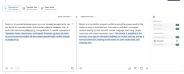 DeepL oversætter dansk tekst til engelsk i webappen med side-om-side visning og værktøjer til skrivehjælp.
