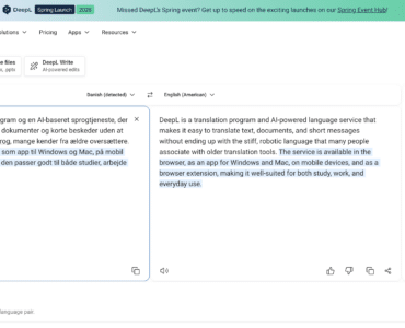 DeepL oversætter dansk tekst til engelsk i webappen med side-om-side visning og værktøjer til skrivehjælp.