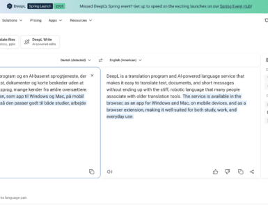 DeepL oversætter dansk tekst til engelsk i webappen med side-om-side visning og værktøjer til skrivehjælp.