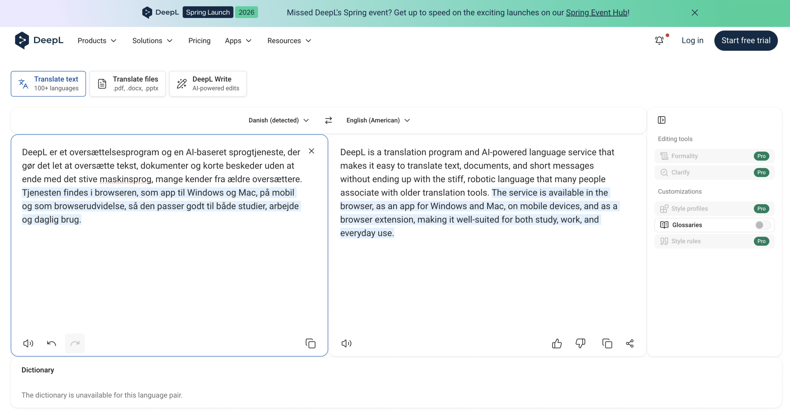 DeepL translates Danish text to English in the web app with side-by-side view and writing-assistance tools.