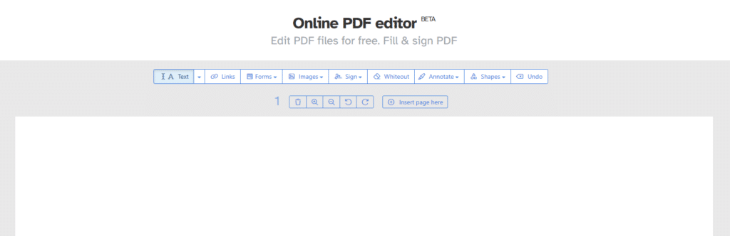 Sejda PDF online editor med værktøjslinje til tekst, links, formularer, billeder, signatur, whiteout, annotationer og figurer.