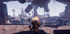 Screenshot fra Ratchet & Clank Future, hvor Ratchet står på en fremmed planet under et stort rumskib med fjender og baser i horisonten.