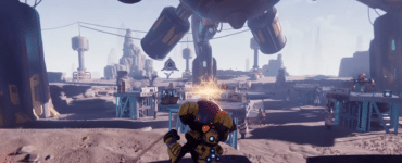 Screenshot fra Ratchet & Clank Future, hvor Ratchet står på en fremmed planet under et stort rumskib med fjender og baser i horisonten.