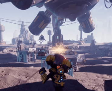 Screenshot fra Ratchet & Clank Future, hvor Ratchet står på en fremmed planet under et stort rumskib med fjender og baser i horisonten.