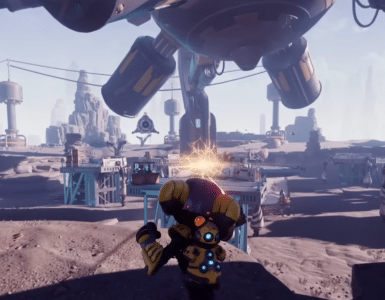 Screenshot fra Ratchet & Clank Future, hvor Ratchet står på en fremmed planet under et stort rumskib med fjender og baser i horisonten.