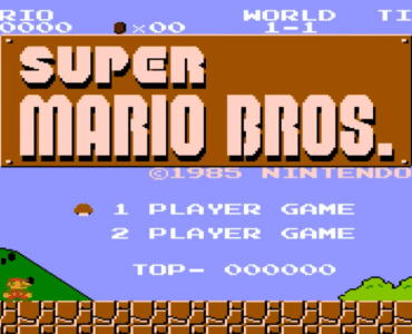 Super Mario Bros. startskærm med klassisk 8-bit grafik, hvor Mario står foran den ikoniske titelmenu fra Nintendo-spillet.
