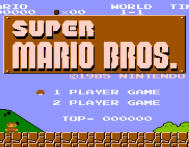 Super Mario Bros. startskærm med klassisk 8-bit grafik, hvor Mario står foran den ikoniske titelmenu fra Nintendo-spillet.