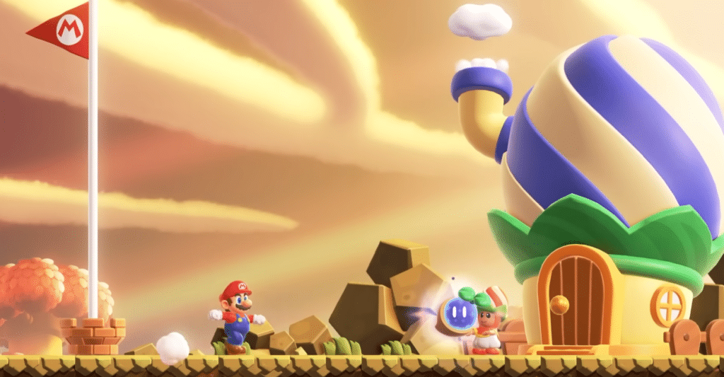 Mario løber gennem en farverig bane i Super Mario Bros. Wonder med en rød M-flagstang, Toad og et stort fantasifuldt hus i baggrunden.