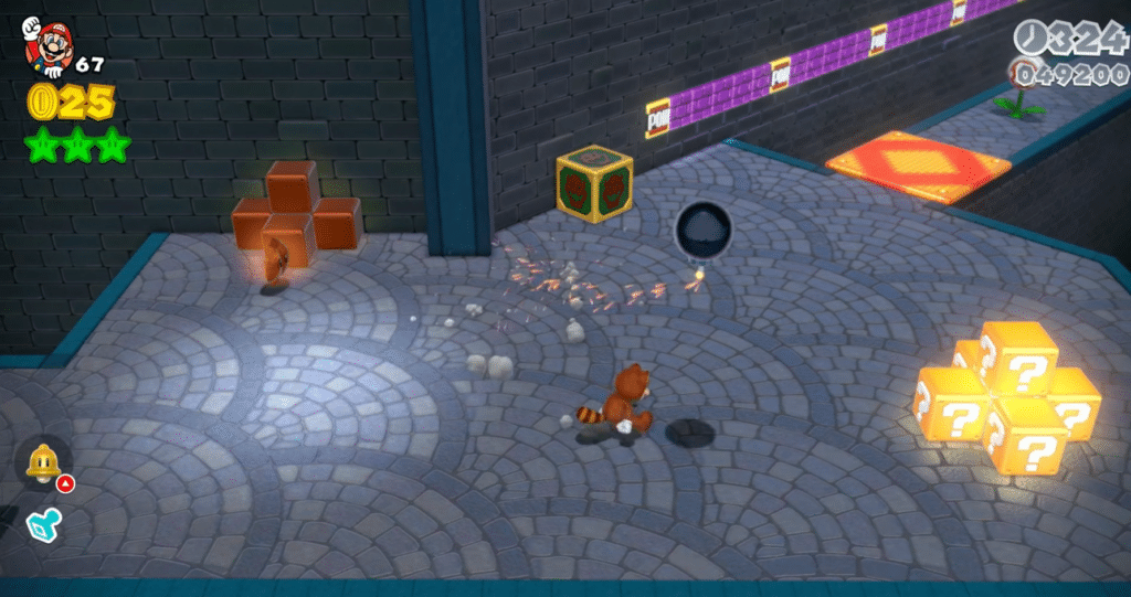 Mario i kattekostume løber gennem en bane i Super Mario 3D World med spørgsmålblokke, POW-blokke og en fjende i et mørkt borgområde.