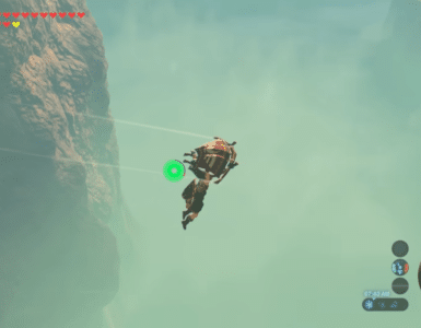 Link svæver med paraglideren gennem tågen ved en høj klippe i The Legend of Zelda: Breath of the Wild.