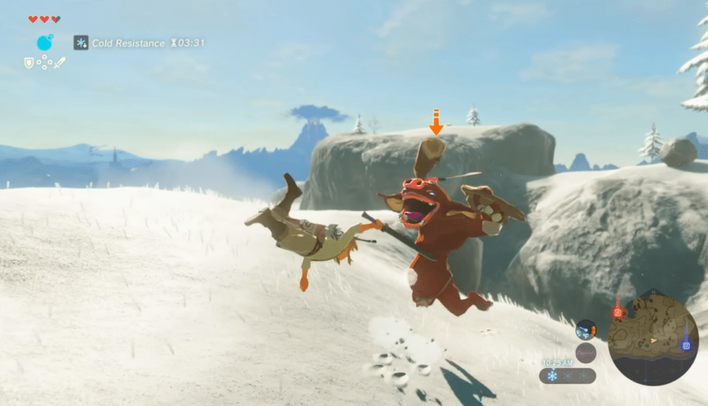 Link fights a Bokoblin in a snowy region in The Legend of Zelda: Breath of the Wild.