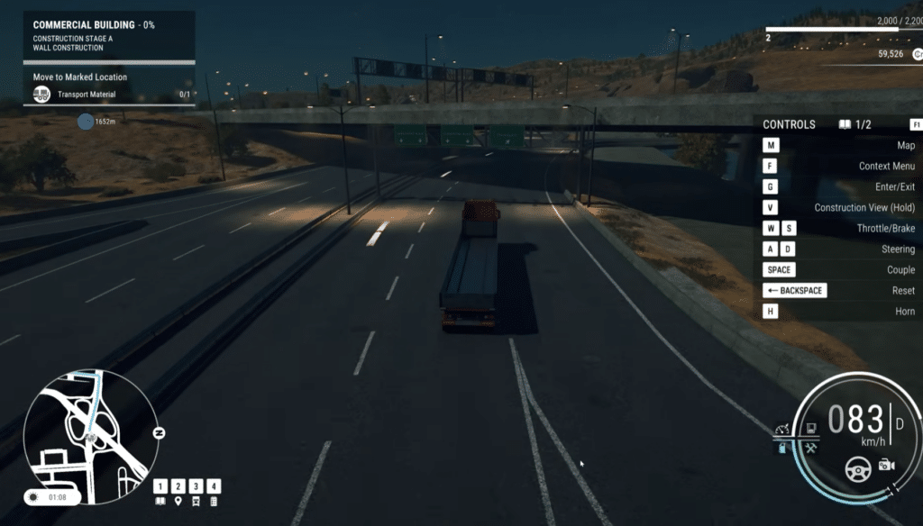 Construction Simulator gameplay with a truck on the highway at night, transporting materials to a construction site.