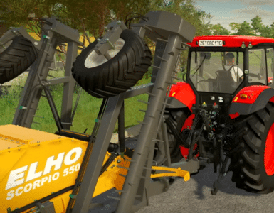 Rød Zetor-traktor med frontlæsser og gult landbrugsredskab i Farming Simulator.
