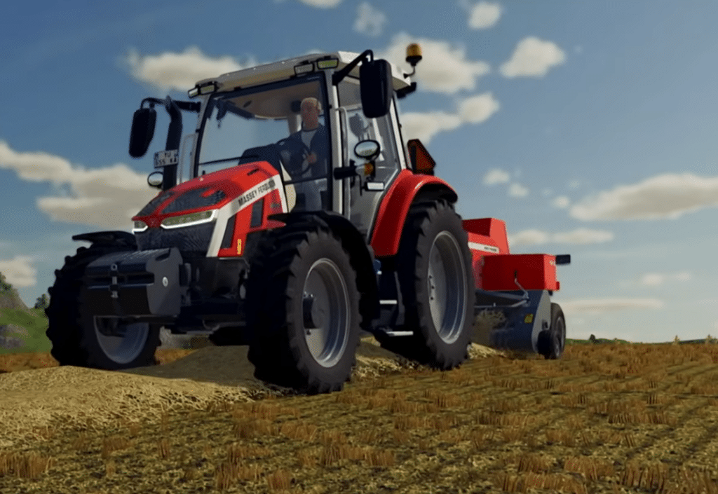 Massey Ferguson-traktor presser halm på en mark i Farming Simulator.