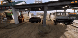 Gameplay fra Gas Station Simulator, hvor en politibil og en varevogn holder ved tankstationen i ørkenen, mens spilleren styrer kunder, brændstof og opgraderinger.