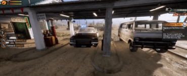 Gameplay fra Gas Station Simulator, hvor en politibil og en varevogn holder ved tankstationen i ørkenen, mens spilleren styrer kunder, brændstof og opgraderinger.