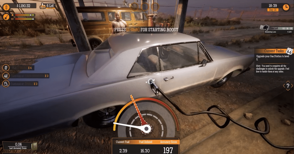 Screenshot fra Gas Station Simulator, hvor spilleren tanker en bil manuelt og forsøger at ramme den ønskede brændstofmængde præcist.