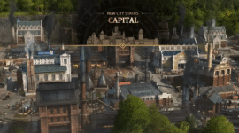Screenshot fra Anno 1800, hvor en travl industriby opnår status som hovedstad med fabrikker, røgskorstene, byliv og klassiske bygninger.