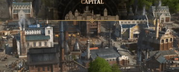 Screenshot fra Anno 1800, hvor en travl industriby opnår status som hovedstad med fabrikker, røgskorstene, byliv og klassiske bygninger.