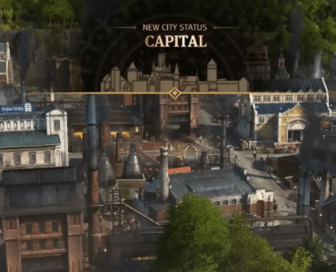 Screenshot fra Anno 1800, hvor en travl industriby opnår status som hovedstad med fabrikker, røgskorstene, byliv og klassiske bygninger.