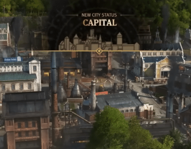 Screenshot fra Anno 1800, hvor en travl industriby opnår status som hovedstad med fabrikker, røgskorstene, byliv og klassiske bygninger.