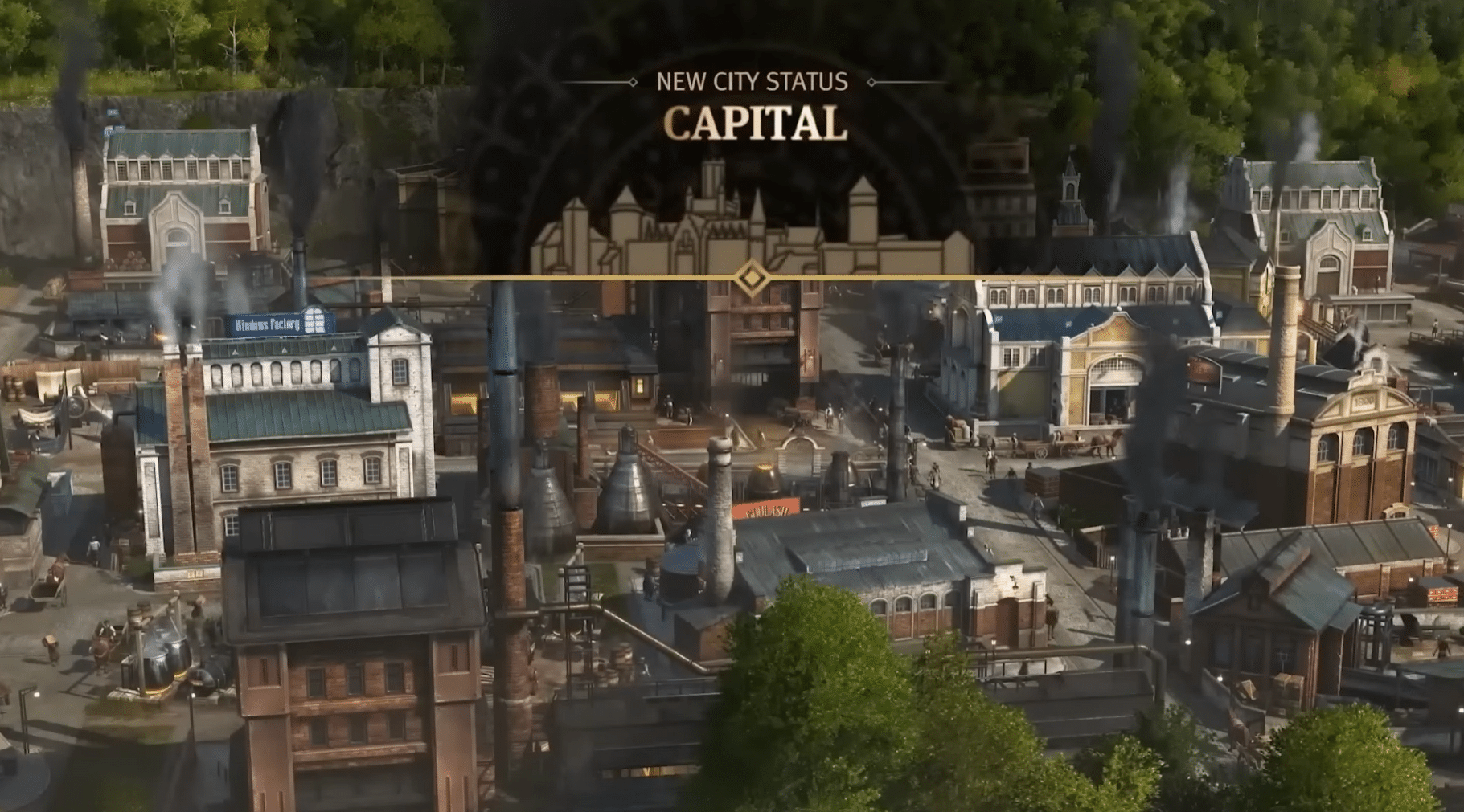Skjermbilde fra Anno 1800, der en travel industriby oppnår status som hovedstad med fabrikker, skorsteiner, byliv og klassiske bygninger.