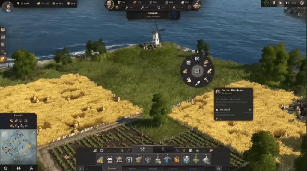Screenshot fra Anno 1800, hvor spilleren placerer nye farmerboliger ved marker, kyst og vindmølle i en tidlig byfase.