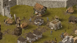 Screenshot fra Stronghold: Definitive Edition, hvor borgens indre ses med boliger, lager, soldater, stenmure og middelalderlig produktion.