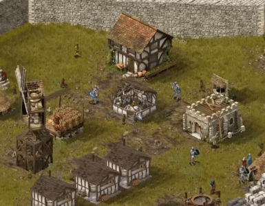 Screenshot fra Stronghold: Definitive Edition, hvor borgens indre ses med boliger, lager, soldater, stenmure og middelalderlig produktion.