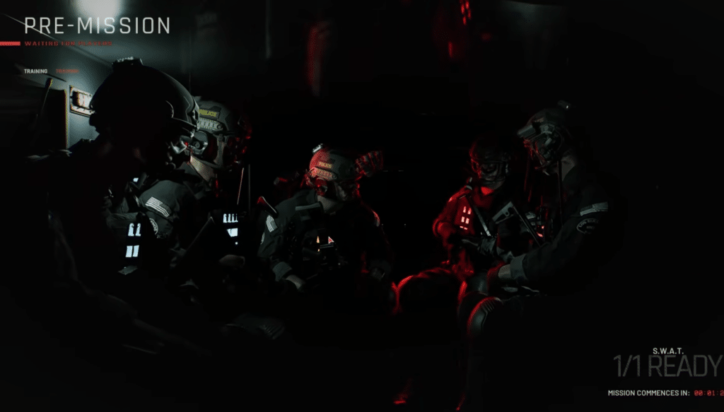 Ready or Not pre-mission screen with a SWAT team waiting in a dark vehicle.