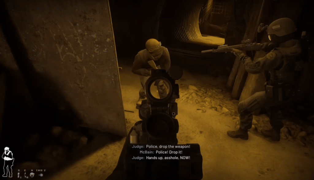 Ready or Not gameplay as a SWAT team confronts an armed suspect in a dark tunnel.