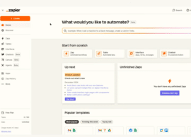 Zapier dashboard med muligheder for at oprette automatiserede workflows, tabeller, interfaces og chatbots direkte fra startsiden.