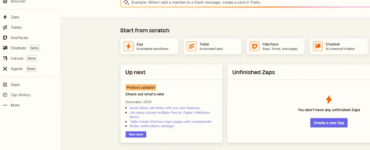 Zapier dashboard med muligheder for at oprette automatiserede workflows, tabeller, interfaces og chatbots direkte fra startsiden.