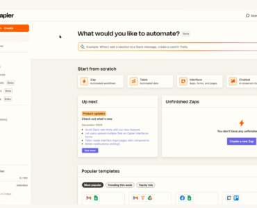 Zapier dashboard med muligheder for at oprette automatiserede workflows, tabeller, interfaces og chatbots direkte fra startsiden.